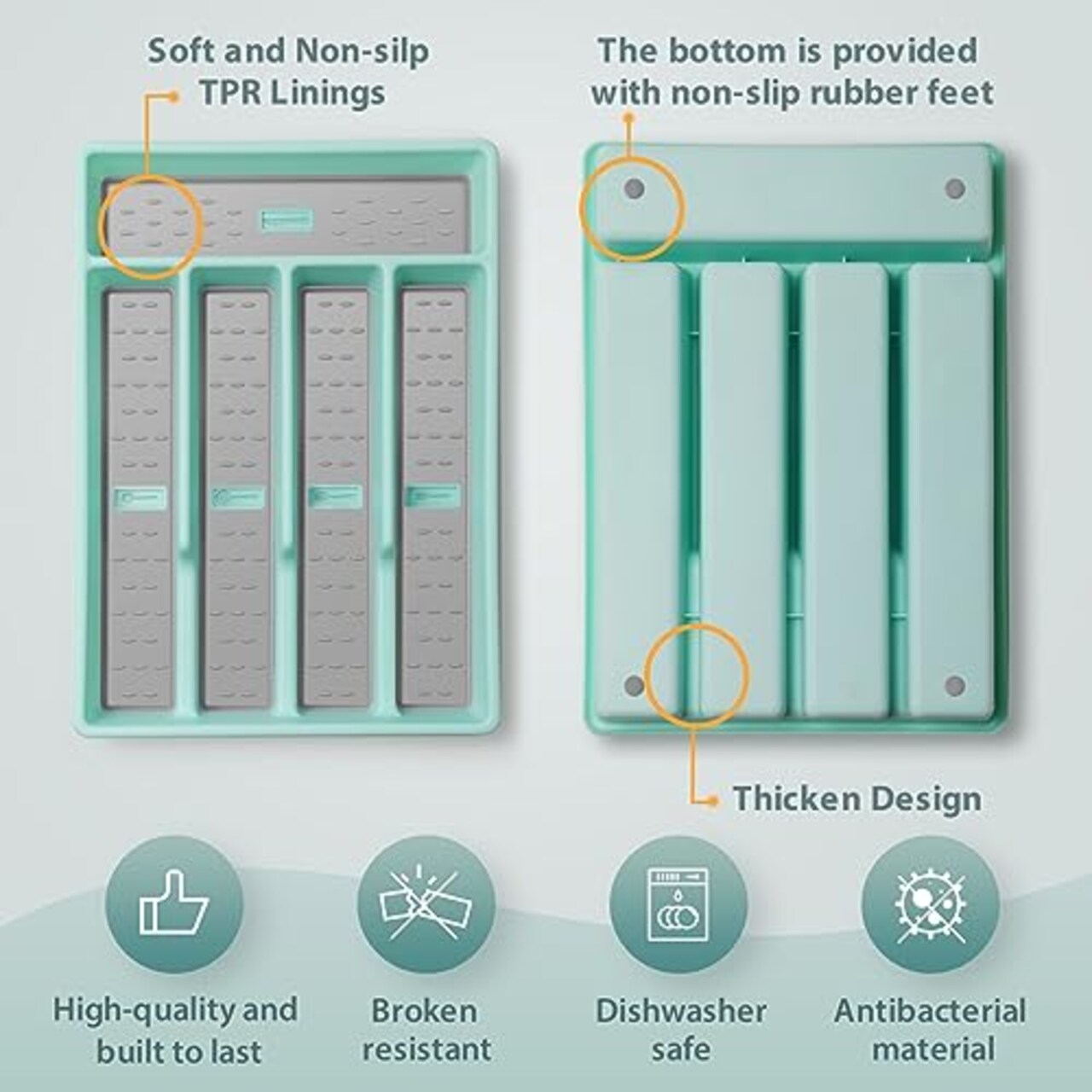 Silverware Organizer with Icons,Plastic Cutlery silverware Tray for Drawer,Utensil Flatware Tableware Organizer for Kitchen with Non-slip TPR,Fits Standard Drawer,5-Compartment,Light Blue